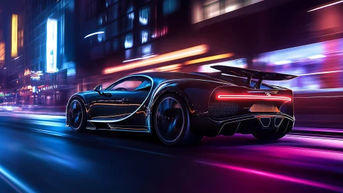 Black hypercar on neon-lit city street at night in motion.