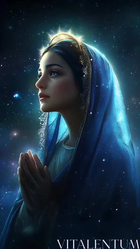 Digital painting portrait of praying woman in celestial glow.
