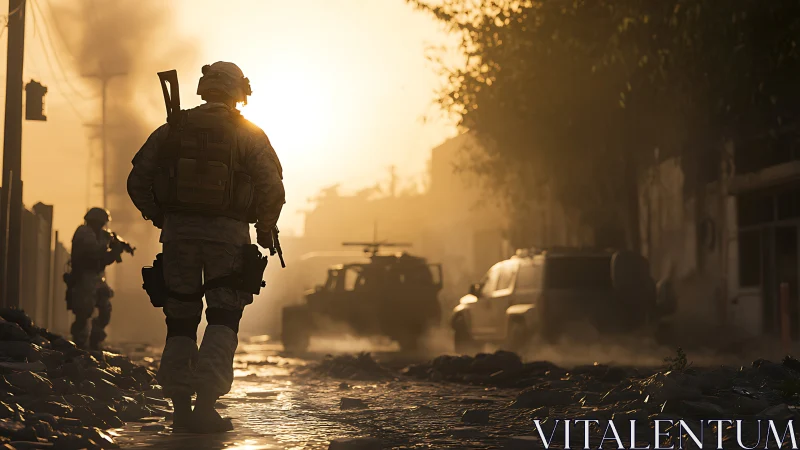 Soldiers advance through sunlit war-torn city street at dusk.