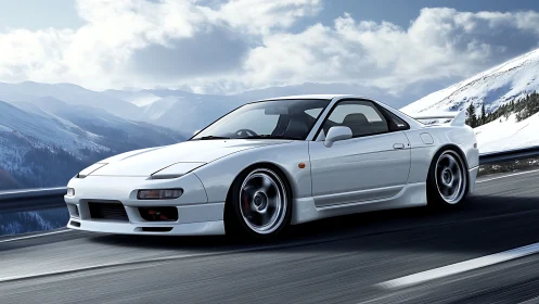 White sports coupe races along a sunlit snowy mountain road