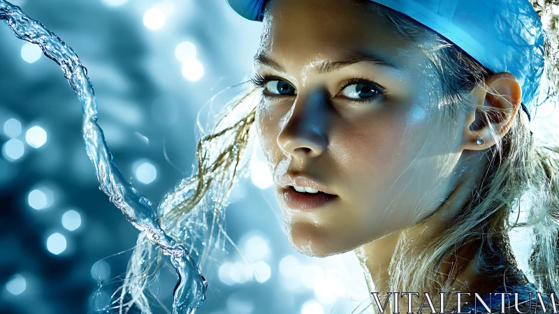 Glistening swimmer in cool blue light and swirling water.