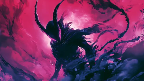 Horned shadow figure in magenta clouded abstract field.