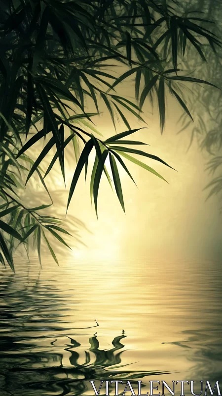 Bamboo foliage over still reflective water at diffuse sunrise
