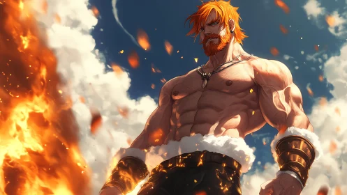 Warm-hearted fire giant gazing over a glowing storm sky.