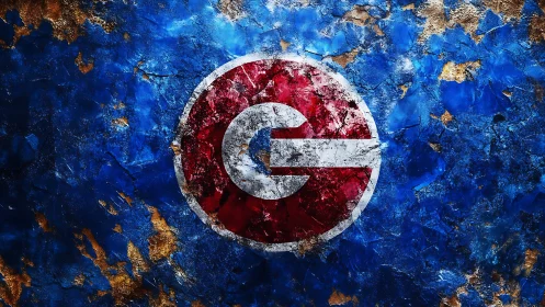 Bold red emblem rests on a richly textured blue surface