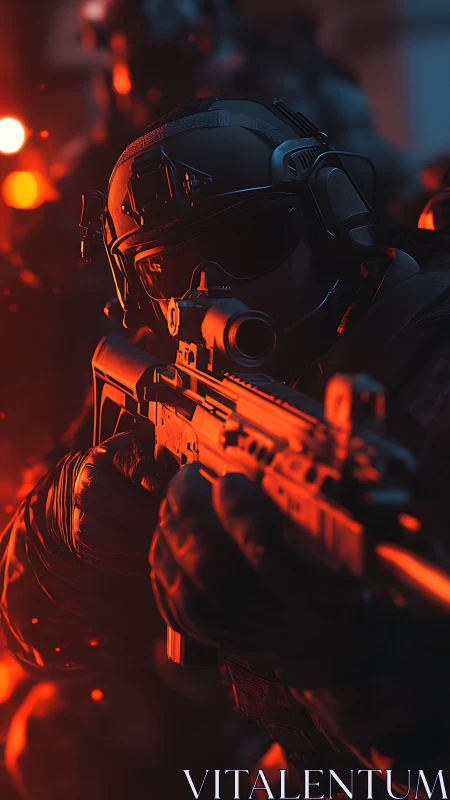 Tactical operator aiming rifle in red-lit close quarters.