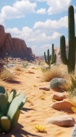 Sunlit cactus trail winding through painted desert sands.