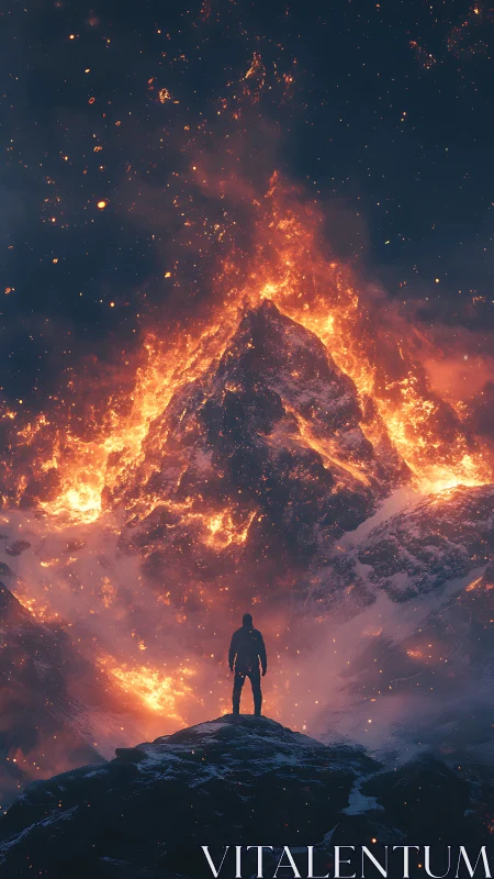 Solitary Figure Confronting Volcanic Eruption at Night.