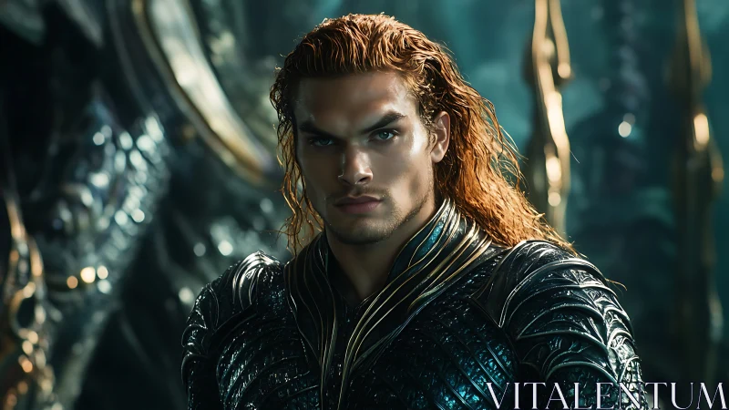 Regal ocean warrior with flowing copper hair and calm focus.