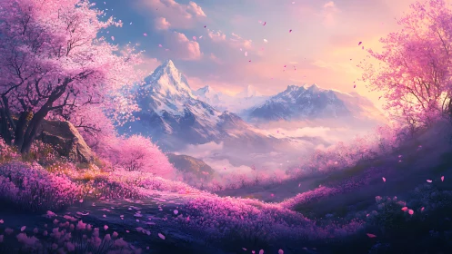 Cherry blossom valley frames distant snow covered mountain peaks