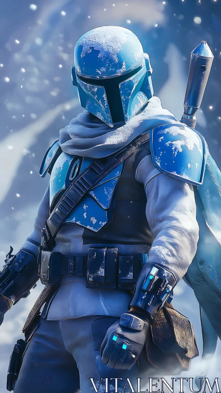3D armored bounty hunter in icy environmental portraiture.
