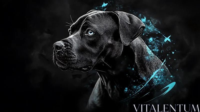 Black dog portrait rendered in high contrast digital style