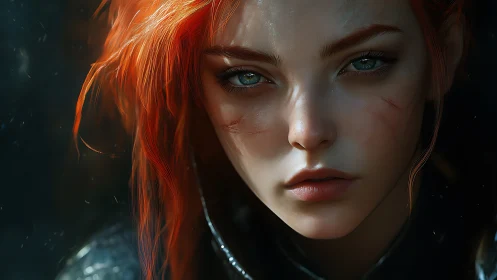 Fierce red haired heroine with calm, determined gaze.