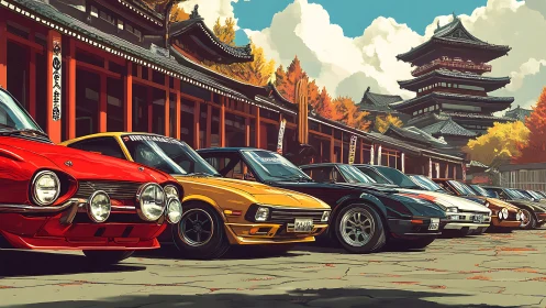 Classic sports cars line a serene temple courtyard in autumn