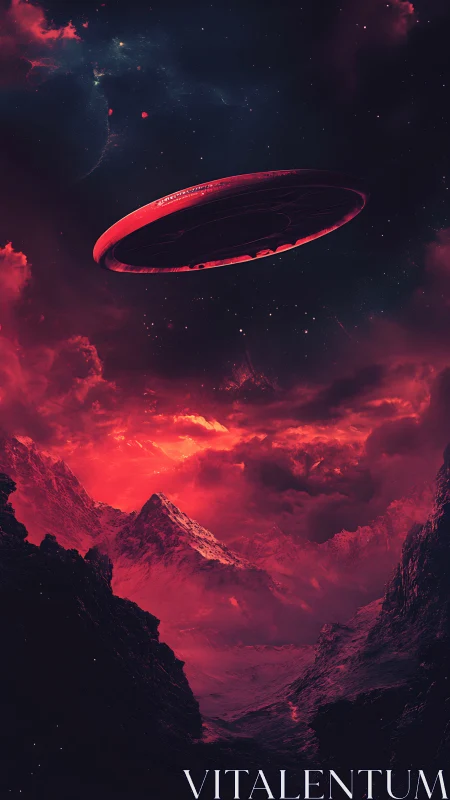 Crimson starship glides above ember-lit alien mountain sea