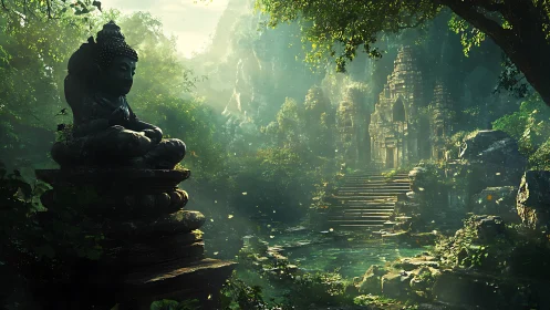 Quiet jungle temple and meditating statue at first light.