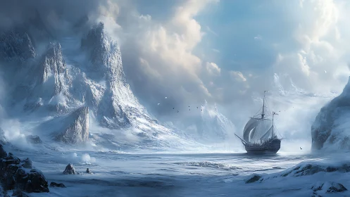 Sailing ship crosses frozen bay under towering icy cliffs.