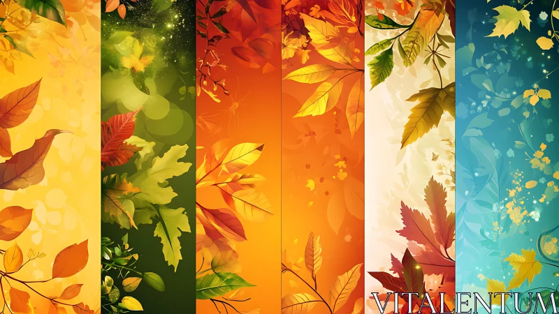 Colorful vertical panels with stylized autumn leaves artwork.