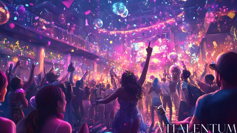 Crowded nightclub dance floor under vivid neon confetti glow.