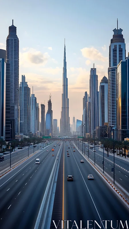 Sunlit skyscraper corridor framing central urban spire.