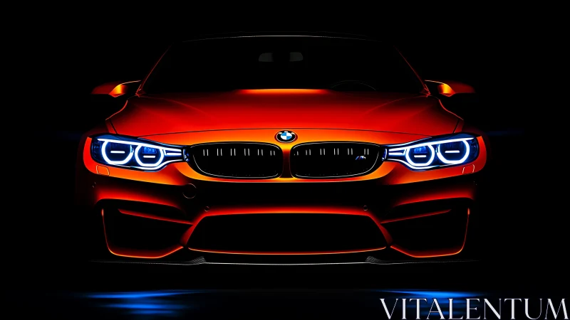 Ignited orange sports coupe stalks the darkness with neon eyes.