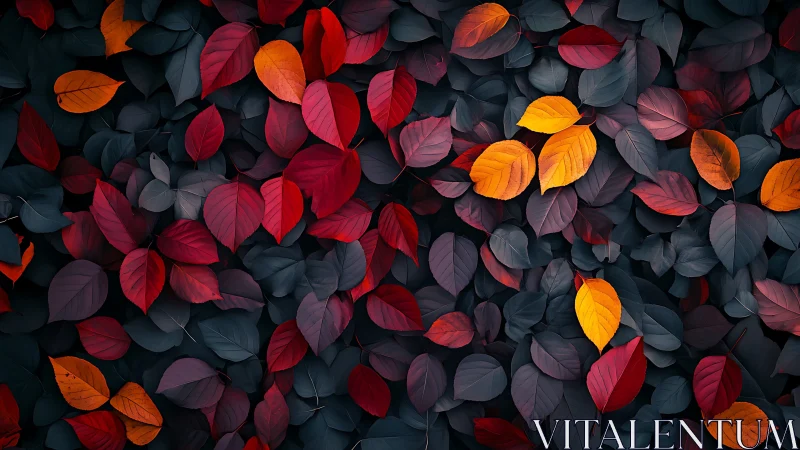 Autumn leaves form vivid red and orange pattern on dark ground