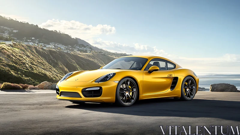 Golden sports coupe gleams beside a dramatic coastal cliff road