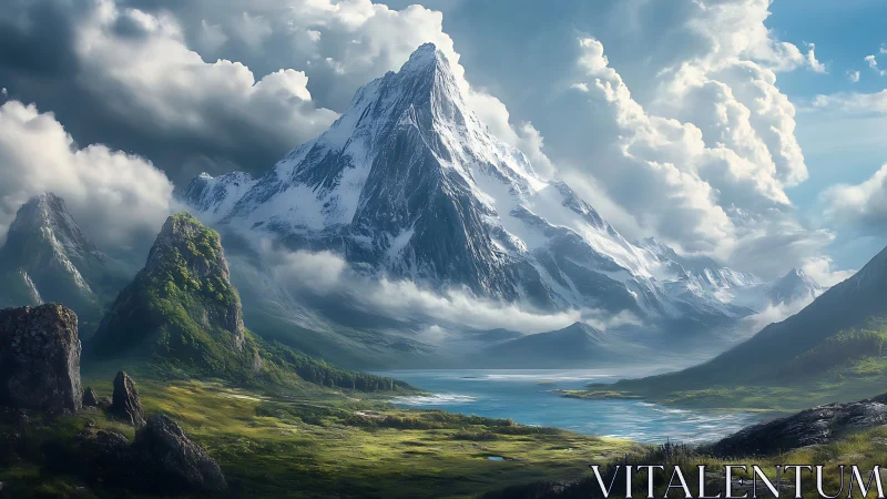 Digital painting of monumental alpine peak and valley lake panorama.