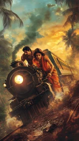 Steam locomotive with two riders in tropical dusk setting.