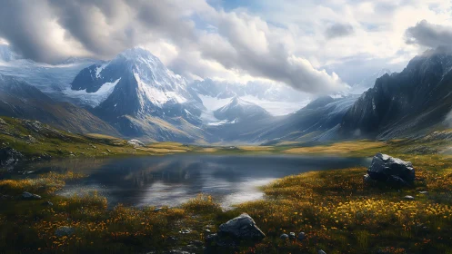 High dynamic range alpine lake landscape with volumetric clouds