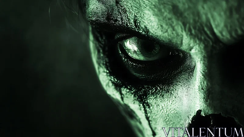 Monochrome green horror portrait with skull-like face close-up
