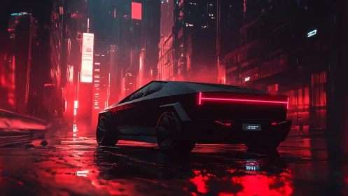 Futuristic electric truck glows in neon red rain cityscape.