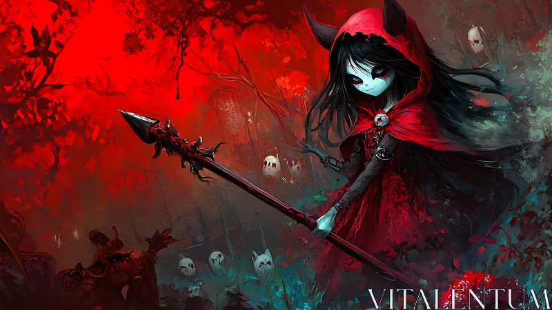Dark red-hooded warrior girl in haunted spectral forest.