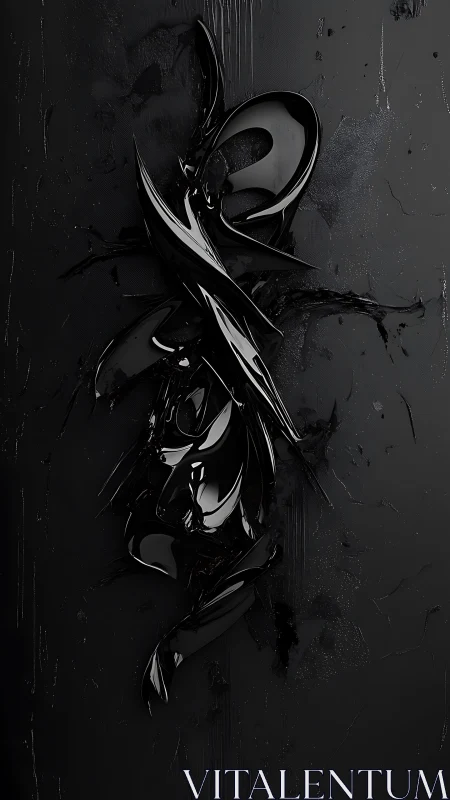 Glossy black abstract sculptural form on dark textured field.