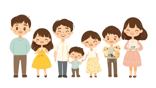 Cartoon family group with seven members standing together