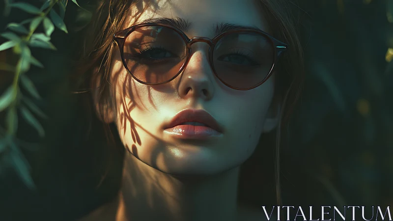 Shadow-kissed girl in amber shades amid whispered leaves.
