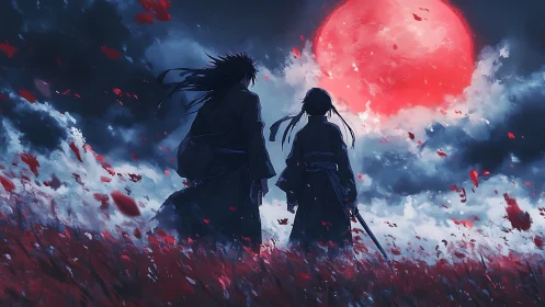 Samurai silhouettes confront oversized crimson moon in turbulent sky
