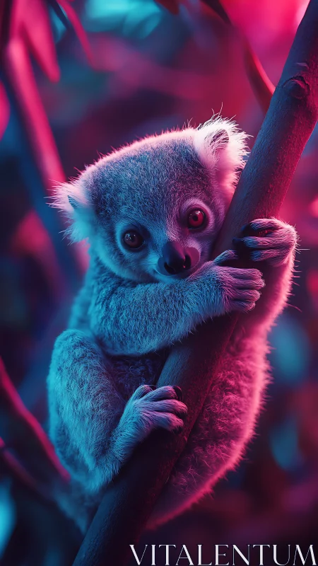Neon koala portrait with bi-color rim lighting on branch.