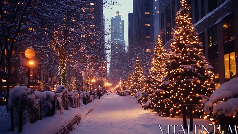 Snow covered city walkway with illuminated holiday trees.