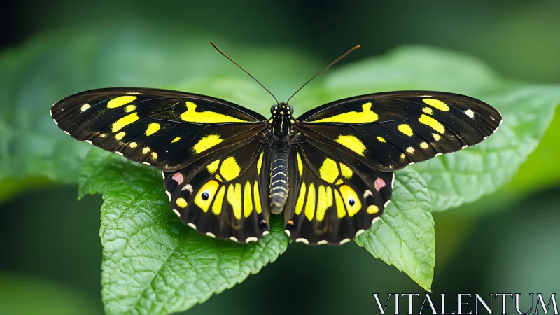Golden-winged butterfly resting softly on fresh green leaf.