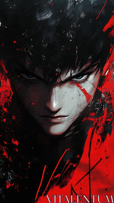 Brooding anime antihero amid violent red abstraction.