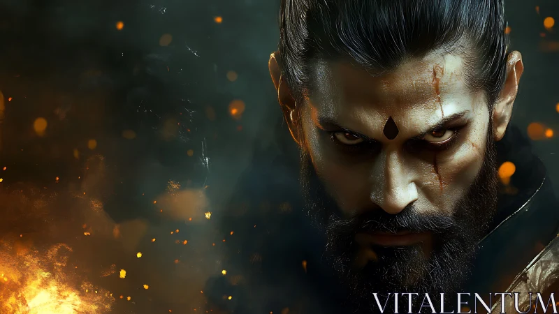 Smoldering warrior stares through sparks with fierce resolve