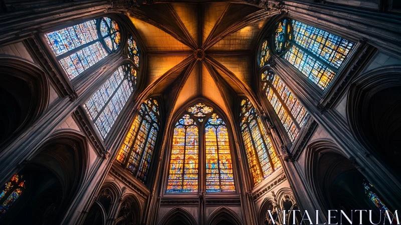 Gothic cathedral choir with luminous stained glass vaults.