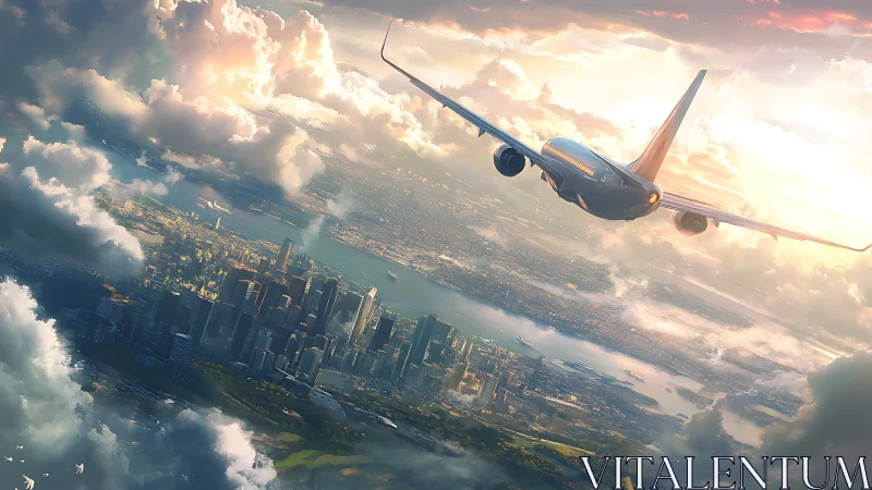 Passenger jet flies above dense cityscape through clouds