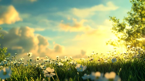 Golden sunrise over gentle wildflower meadow of calm.