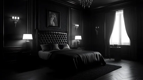Monochrome luxury bedroom in dramatic cinematic lighting.