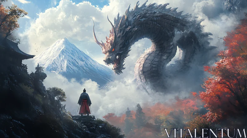 Wandering samurai meets a serene mountain sky dragon.