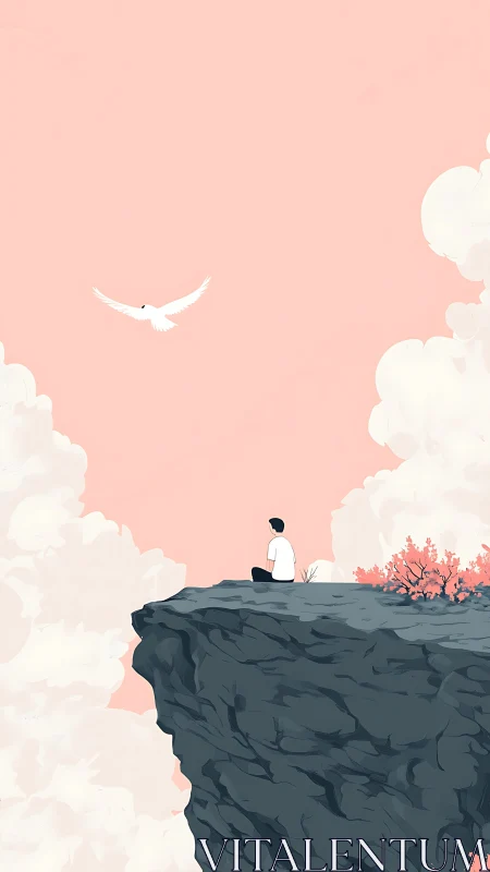 Solitary figure on a cliff watches a white bird in pastel sky