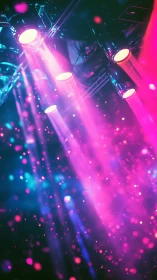 Stage spotlights emitting magenta and cyan beams overhead.