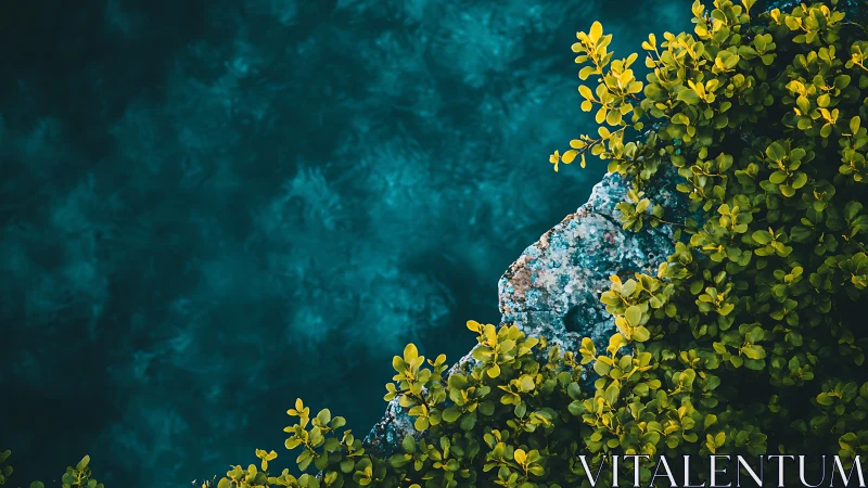 Cliffside foliage leans over deep teal coastal waters